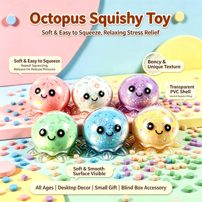 Crunch Octopus Squishy Fidget Toy, Clear PVC Shell Stress Relief Squeeze Toy, Kawaii Octopus Sensory Toy for Adults Kids, Desk Decor & Party Gift