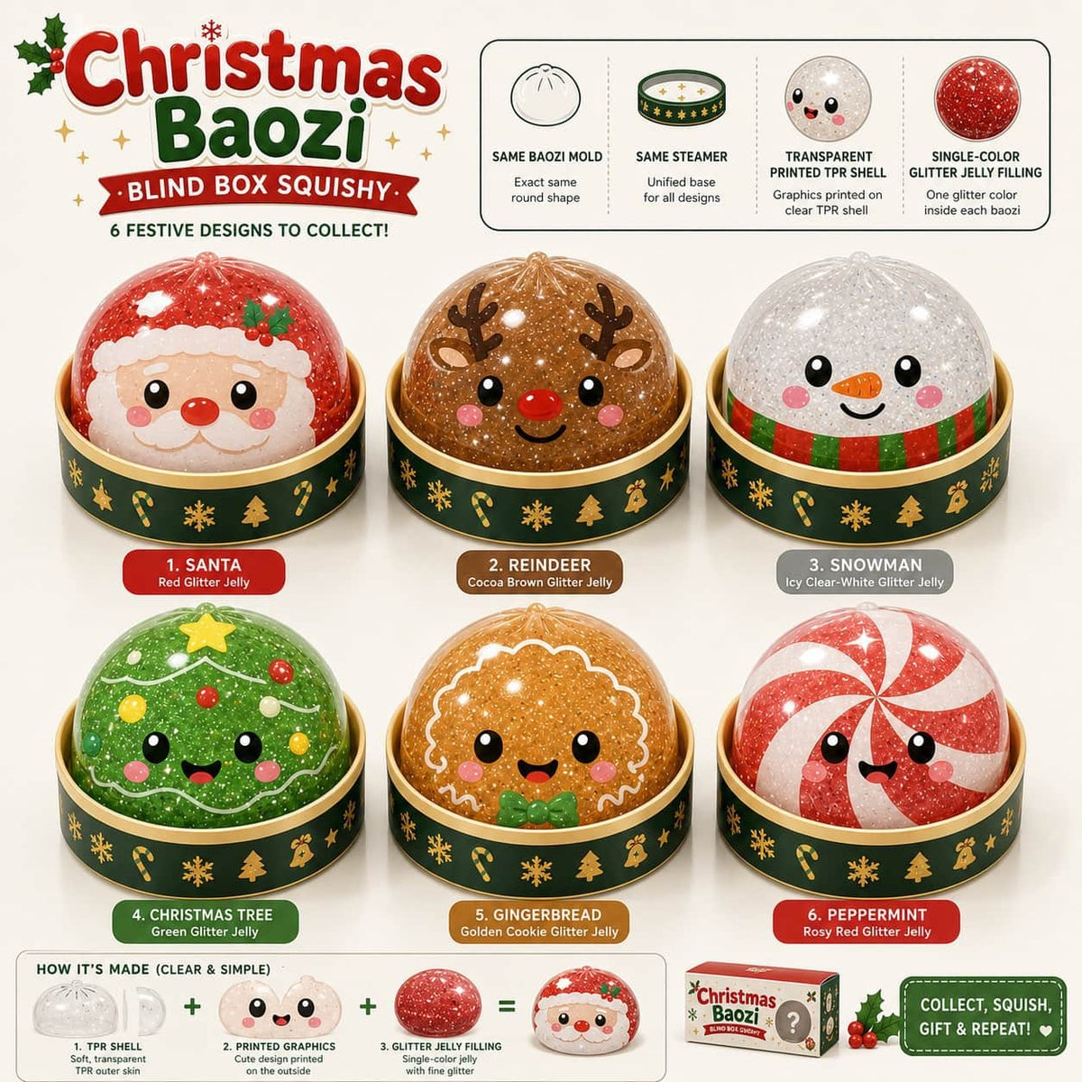 Christmas Baozi Blind Box Squishy Toy, Glitter Jelly Filled TPR Squeeze Fidget Toy, Cute Santa Reindeer Snowman Surprise Blind Box for Kids Holiday Gift