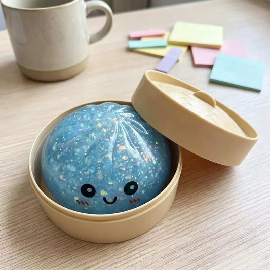 Glitter Pectin Bun Squishy | Cute Fidget Stress Toy With Steamer Box