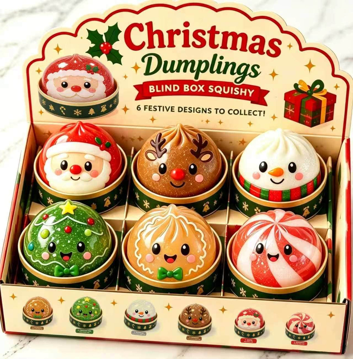 Christmas Baozi Blind Box Squishy Toy, Glitter Jelly Filled TPR Squeeze Fidget Toy, Cute Santa Reindeer Snowman Surprise Blind Box for Kids Holiday Gift