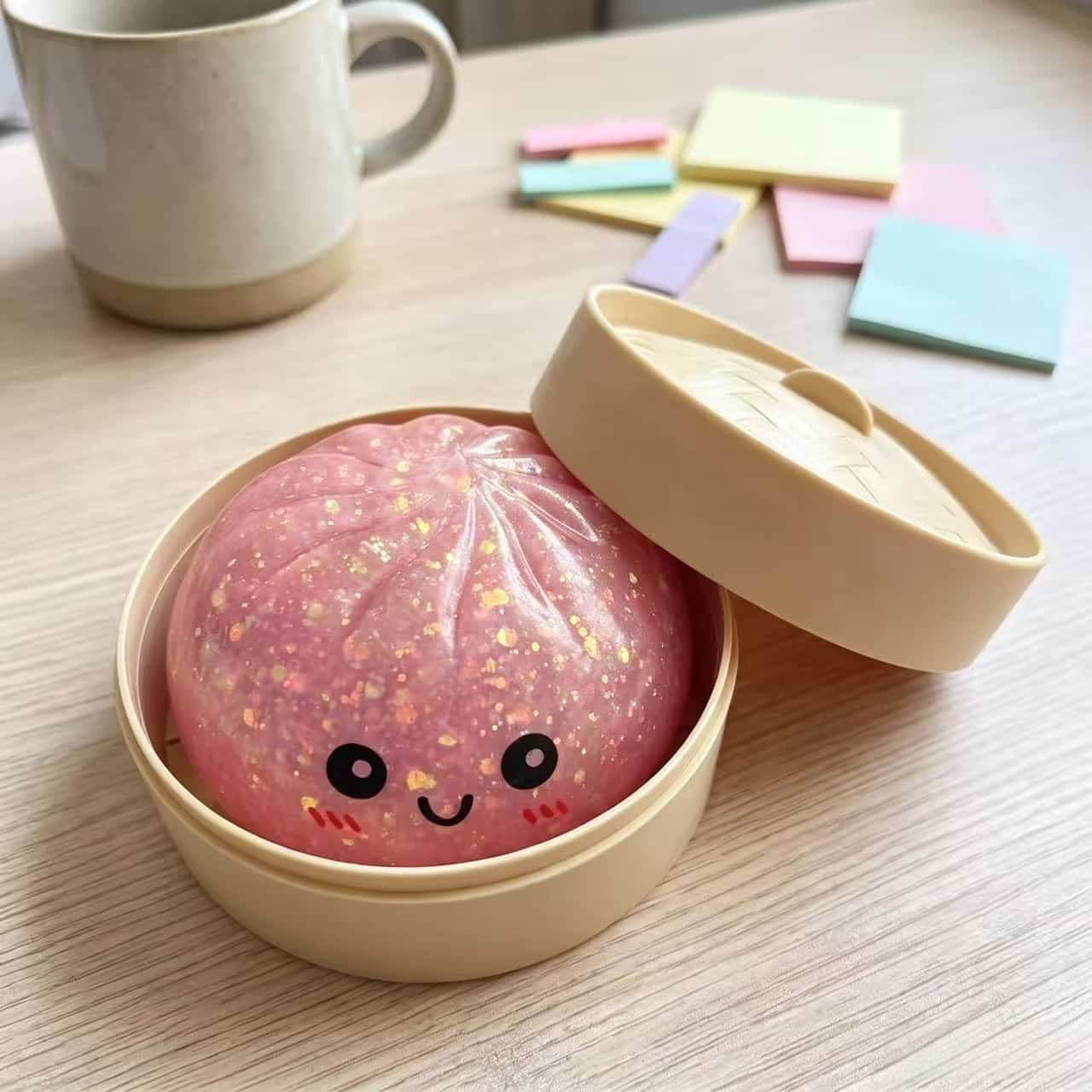 Glitter Pectin Bun Squishy | Cute Fidget Stress Toy With Steamer Box