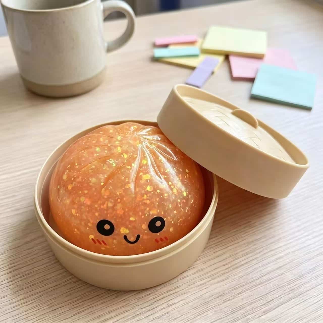 Glitter Pectin Bun Squishy | Cute Fidget Stress Toy With Steamer Box