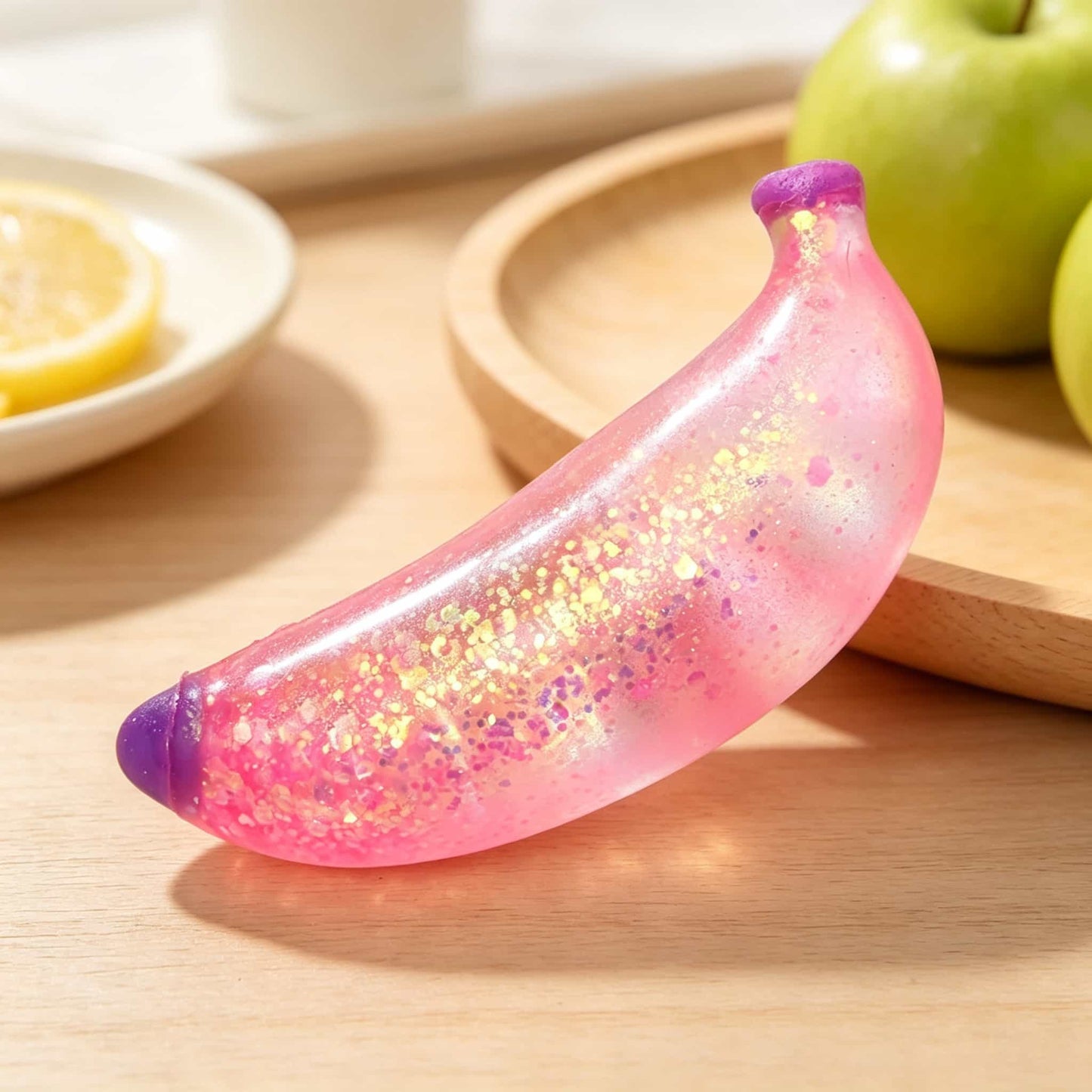 Glitter Banana Squishy Squeeze Toy, Soft TPR Fidget Stress Relief Toy, Stretchy Maltose Squeeze Sensory Toy for Kids Adults Party Favor