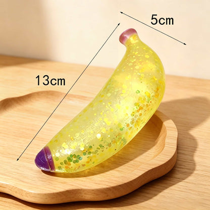 Glitter Banana Squishy Squeeze Toy, Soft TPR Fidget Stress Relief Toy, Stretchy Maltose Squeeze Sensory Toy for Kids Adults Party Favor